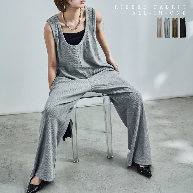 【10％OFFクーポン！3/26(木)1:59まで】Fashion Letter Fashion Letter ファッションレター 針抜きテレコ リブニット オールインワン サロペット セットアップ ジャンプスーツ フレアパンツ ノースリーブ タンクトッ