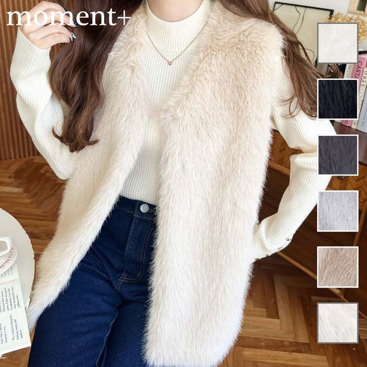 Rakuten - 【10％OFFクーポン！6/26(金)1:59まで】moment+ Vネックロングフェイクファーベスト アウター(コート・ジャケットなど)