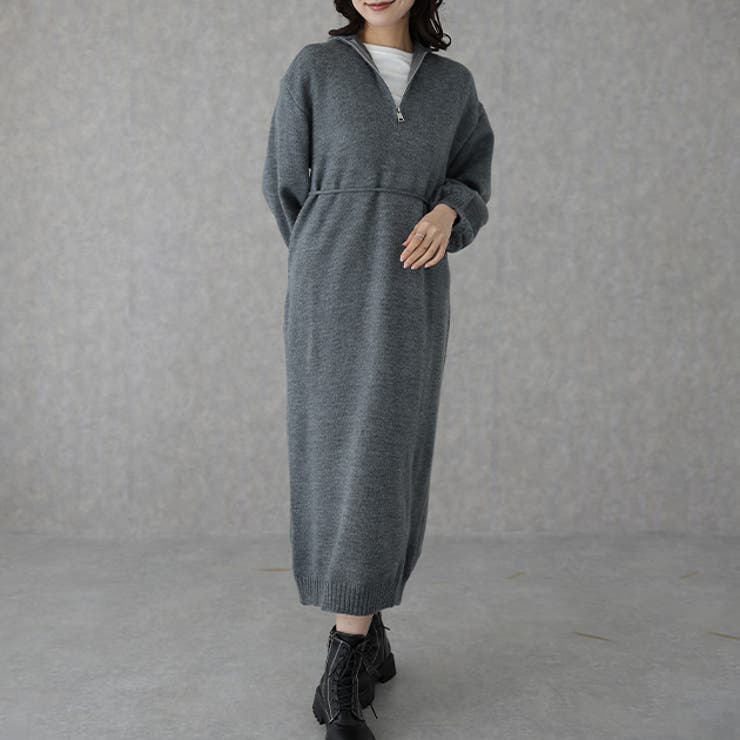 レースレディース スタンドカラー ハーフジップ ロング ニット ワンピース 長袖 ドロップショルダー レディース 女性 秋 冬 単色 無地 トレンド カジュアル シンプル ベーシック ゆったり リラックス ルーズ ナチュラル フェミニン おでかけ デイ