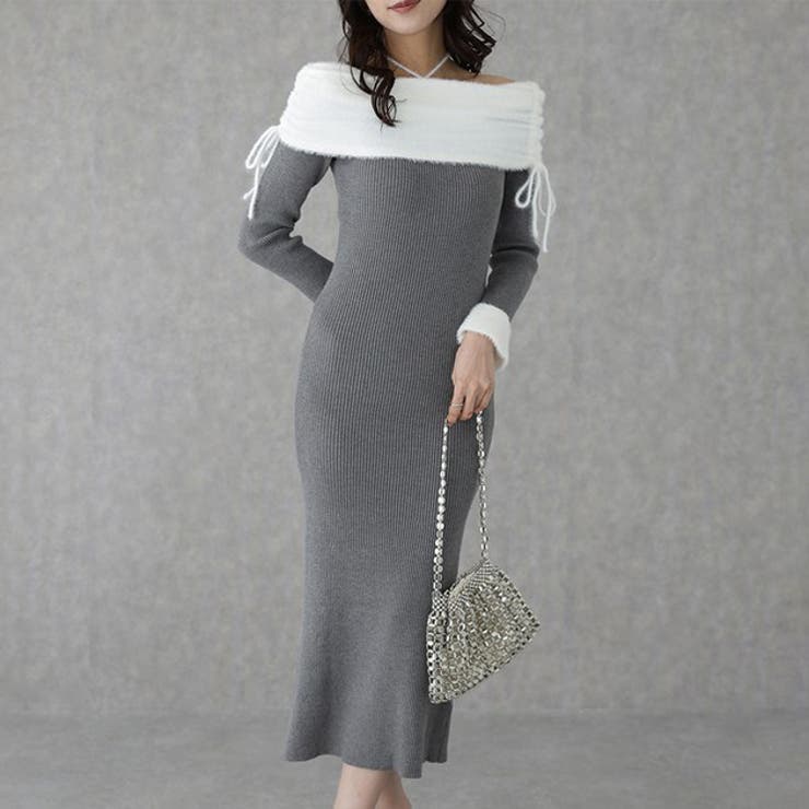 レースレディース 配色 シャギー オフショル ロング ニット ワンピース 長袖 レディース 女性 秋 冬 リブニット マーメイド ドロスト シャーリング 着映え 細見え タイト 着映え フェミニン 上品 レディ きれいめ おでかけ デート お食事会 ホ