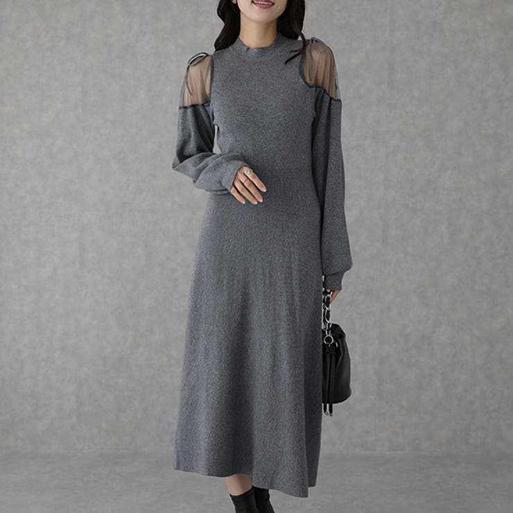 レースレディース 異素材 シアー リボン ニット ワンピース クルーネック 長袖 ミモレ丈 レディース 女性 秋冬 透け感 単色 ワンカラー 無地 おしゃれ 着映え トレンド デザイン フェミニン レディ 上品 エレガント 大人っぽい きれいめ おでか