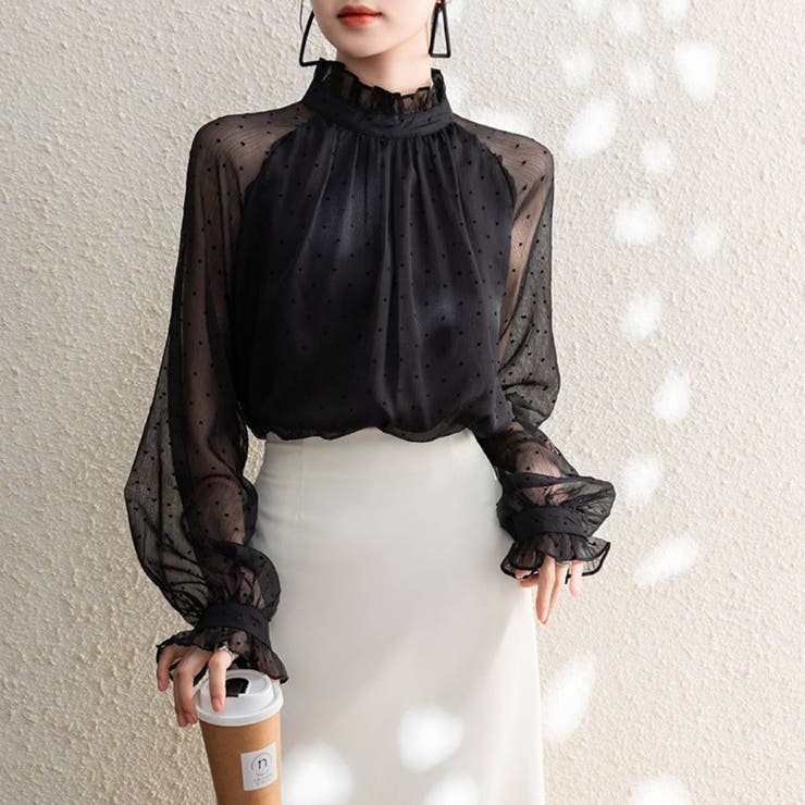 maison de LATIR 透け感で魅せる、大人フェミニンなドット柄切替シアーブラウス オフィス オフィスカジュアル ホーム レディース 韓国 大きいサイズ 春 春服 レディース 20代 スタンドカ