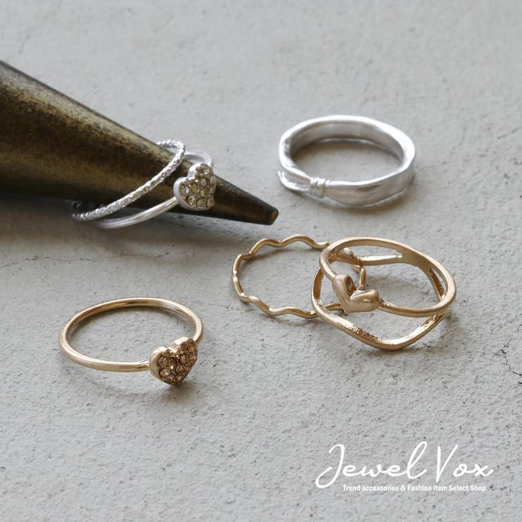 【ポイント2倍＆クーポン！3/11(水) 1:59まで】Jewel vox リング 指輪 レディース 5点 5個 セット リングセット ゴールド シルバー 華奢 ハート ストーン 重ね着け ニュアンス デザインリング デイリー カジュアル トレンド