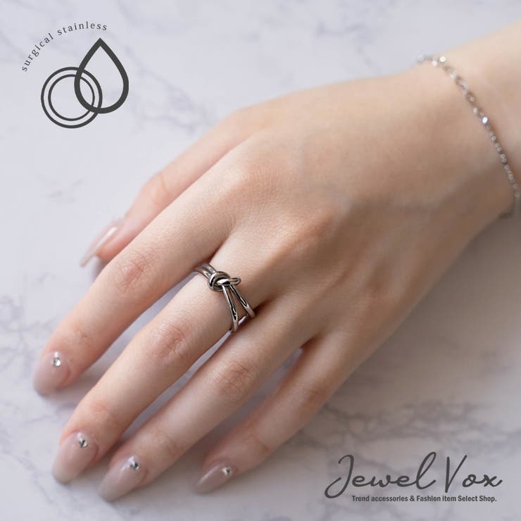 Jewel vox 指輪 リング レディース ステンレス製 サージカルステンレス 金属アレルギー ノット 結び目 アシンメトリー フリーサイズ つけっぱなし ゴールド シルバー 11号 30代 40代
