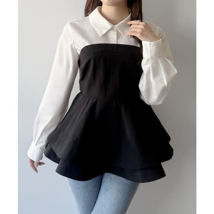 【10％OFFクーポン！5/7(木)9:59まで】JUNOAH mipiarl 　シャツドッキングペプラムビスチェ トップスJUNOAH mipiarl 　シャツドッキングペプラムビスチェ トップス