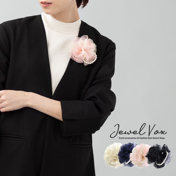 Jewel vox パール＆ストーン付き ラメレース フラワー コサージュ クリップ ブローチ 入学式 卒業式 フラワー花 シンプル レディース 女性 結婚式 カジュアル パーティードレス アクセサリー 韓国 大人 人気 韓国ファッション アクセサリ