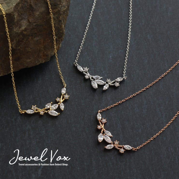 【ポイント2倍＆クーポン！3/11(水) 1:59まで】Jewel vox ネックレス ショートネックレス 金属アレルギー キュービックジルコニア リーフ ゴールド ピンクゴールド シルバー ニッケルフリー 華奢 チェーン デイリー ミニ プチ ブラ