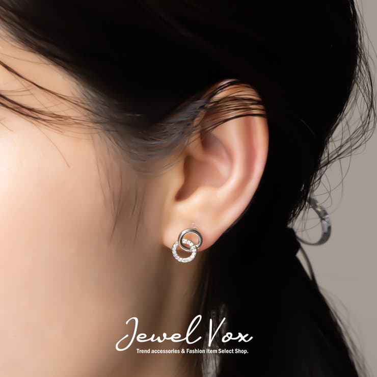 Jewel vox ピアス イヤリング 金属アレルギー 樹脂 オメガ ポストピアス サークル キュービックジルコニア パヴェ ダブルリング ゴールド シルバー 金 銀 カジュアル シンプル レディース 女性 ブランド 小さめ 韓国 大人 人気 韓国ファ