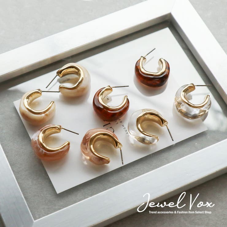 Jewel vox ピアス 金属アレルギー レディース ニッケルフリー チタンポスト フープピアス マーブル ゴールド バイカラー ブラウン べっこう風 クリア 透明 大ぶり アイボリー おしゃれ かわいい シンプル ギフト プレゼント 女性 韓国 大人