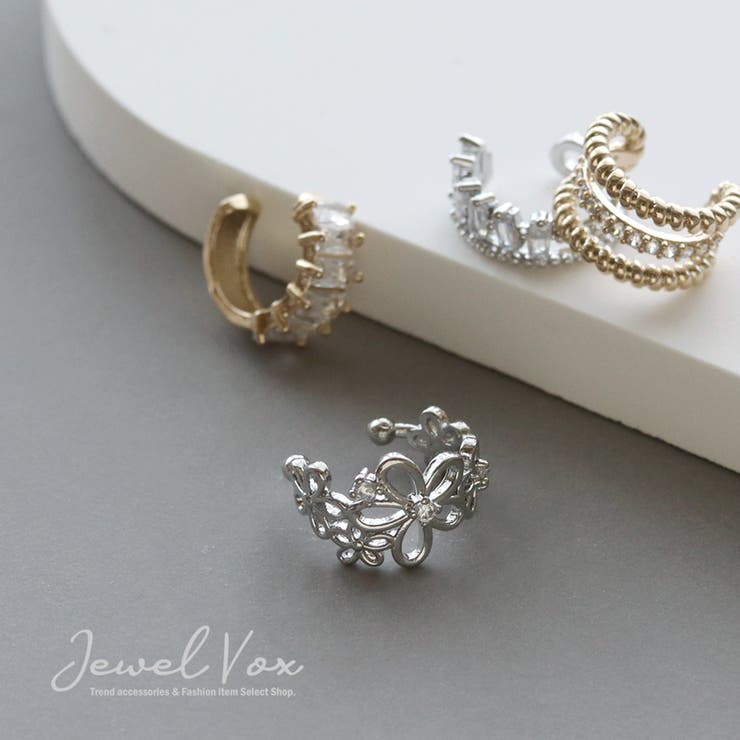 【10％OFFクーポン！5/16(土)1:59まで】Jewel vox イヤーカフ イヤリング 片耳用 金属アレルギー 5タイプ 5デザイン キラキラ ビジュー フラワー 花 網 ゴールド シルバー ニッケルフリー キュービックジルコニア 安心 デイリー