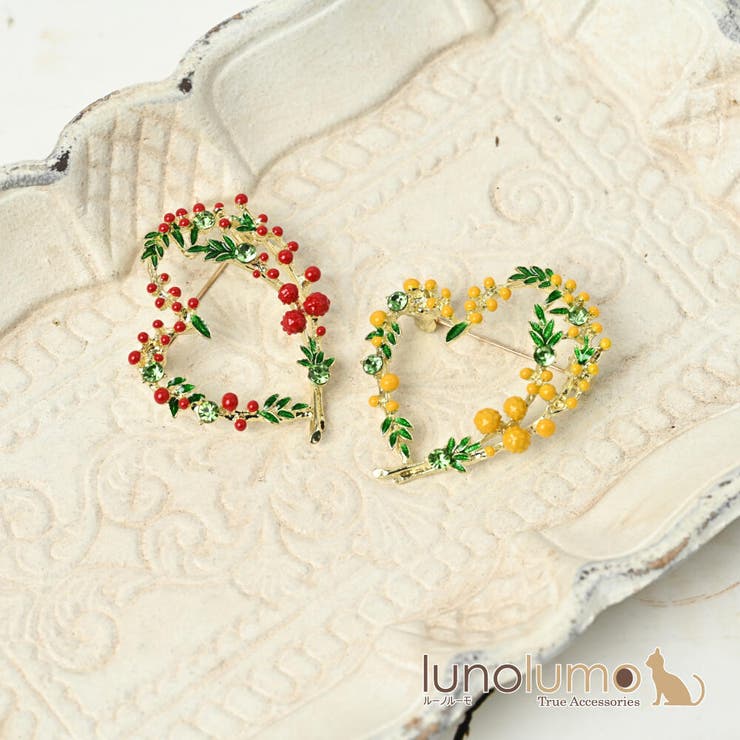 lunolumo ブローチ レディース ミモザ イエロー 花 フラワー 葉っぱ 春 ハート 可愛い プレゼント BR アクセサリー