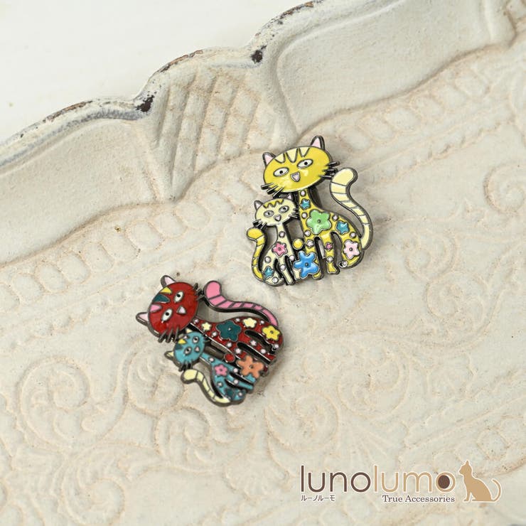 lunolumo ブローチ レディース 猫 ネコ ねこ お洒落ネコ イエロー 赤 花柄 可愛い プレゼント 小さめ BR アクセサリー