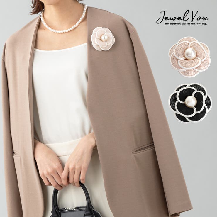 Jewel vox コサージュ ブローチ 結婚式 人気 カメリア フラワー パール シック 上品 シンプル クリップ付 安全ピン付 パーティー 上品 パイピング 定番 大人 ブラック ホワイト 入園式 入学式 卒園式 卒業式 レディース 女性 韓国 大人