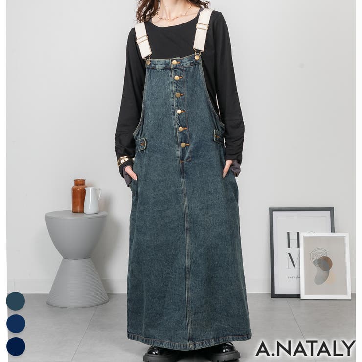 【ポイント2倍＆クーポン！3/11(水) 1:59まで】A.NATALY 配色ショルダーデニムサロペットスカート ワンピース・ドレス