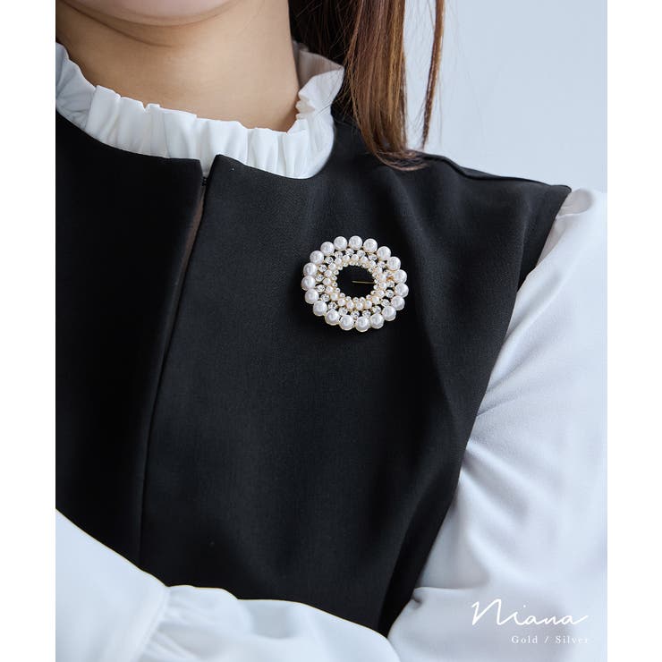 Fashion Letter niana ニアナ パールサークルブローチ コサージュ ピンバッチ ビジュー ラインストーン シルバー ゴールド 大きめ アクセサリー ジュエリー フォーマル パーティー 結婚式 披露宴 二次会 アクセサリー