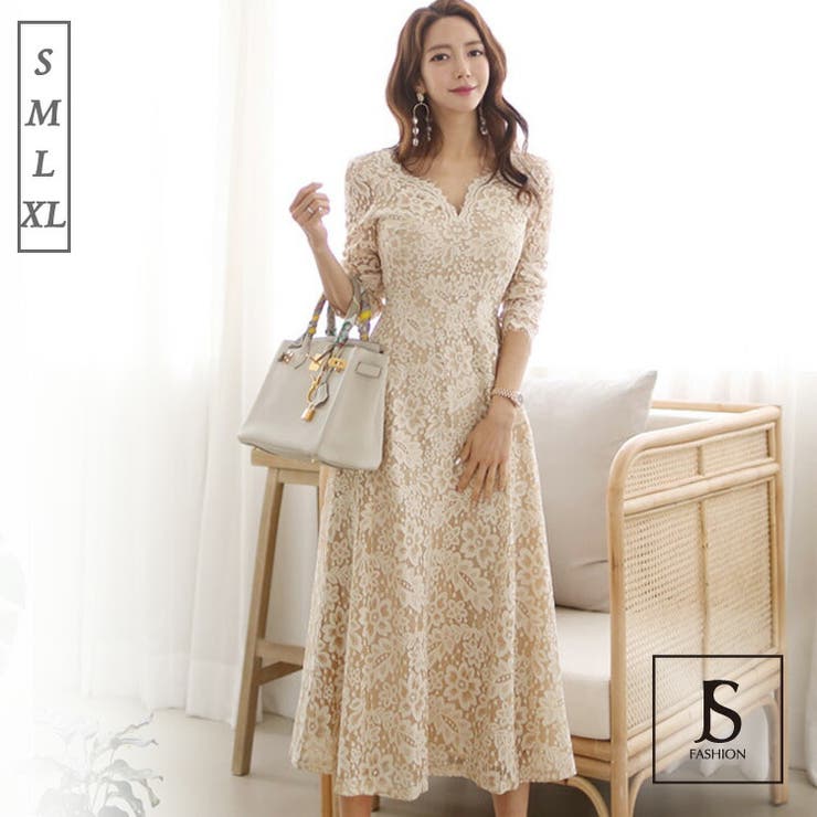 【10％OFFクーポン！3/26(木)1:59まで】JS FASHION 総レースワンピース 結婚式 二次会 パーティードレス レースドレス ロングワンピース Aライン 上品 長袖 ボートネック ロング丈 きれいめ 二次会ドレス 謝恩会 華やかおしゃれ