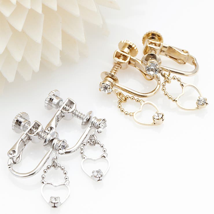 アクセサリーショップPIENA イヤリング ハートモチーフネジ式イアリング オープンハート ラインストーン レディース プレゼント ギフト ミル打ち ミルグレイ...