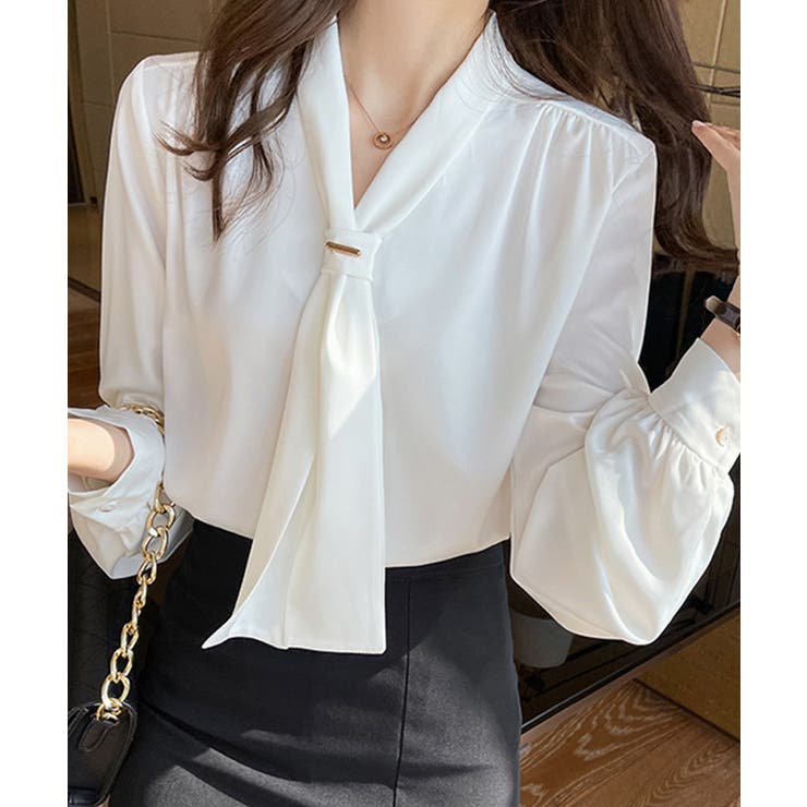 SUNSHINE CLOSET 韓国上品 スカーフタイブラウス オフィスカジュアル トップス 大人女性 とろみシャツ通勤長袖シャツブラウス 30代40代 トップス
