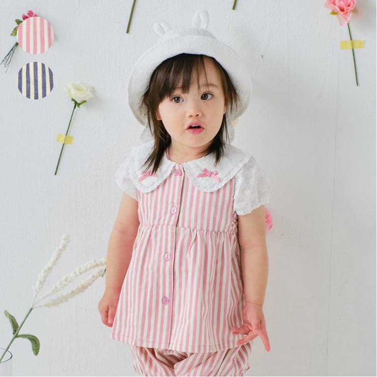【10％OFFクーポン！3/26(木)1:59まで】こどもの森e-shop うさ耳セーラー衿ストライプチュニック トップス