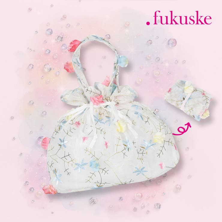 福助オンラインストア . fukuske(ドットフクスケ) バッグ 3Dフラワー柄 巾着タイプ チュール素材 (9330-305) バッグ・鞄