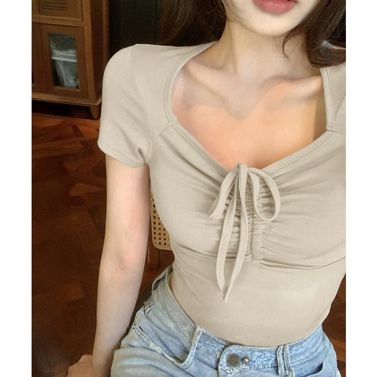 【10％OFFクーポン！7/26(日)1:59まで】SUNSHINE CLOSET ペンタゴンネックtシャツ半袖 レディース ドロストトップス 着やせタイトtシャツ細見えトップス夏 お洒落カットソー韓国風 トップス