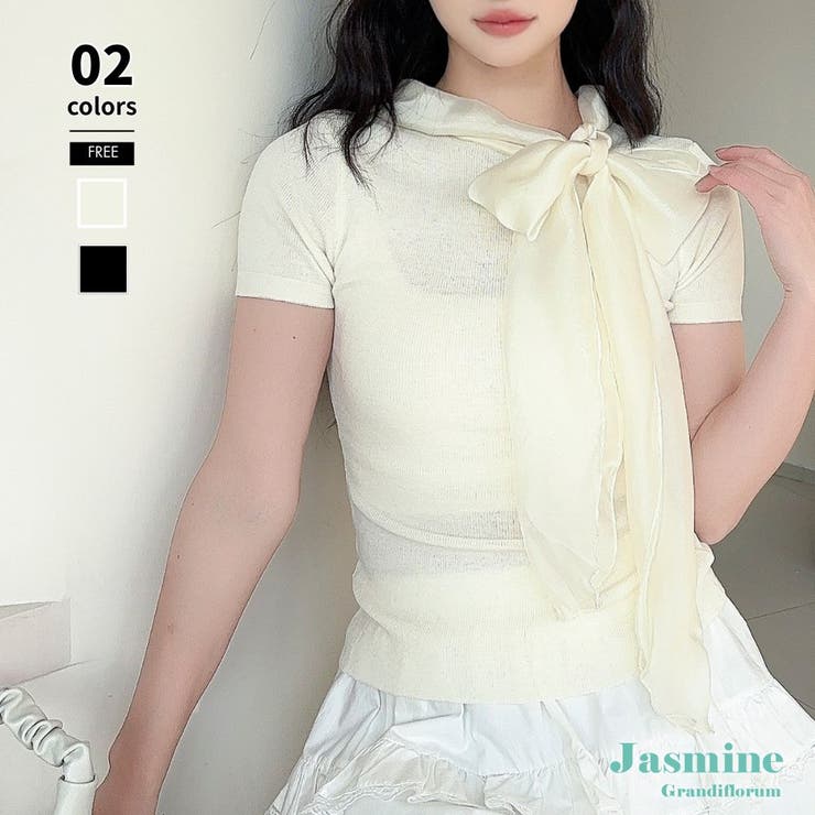 【10％OFFクーポン！7/26(日)1:59まで】aimoha 【Jasmine】リボンシアーニットトップス トップス