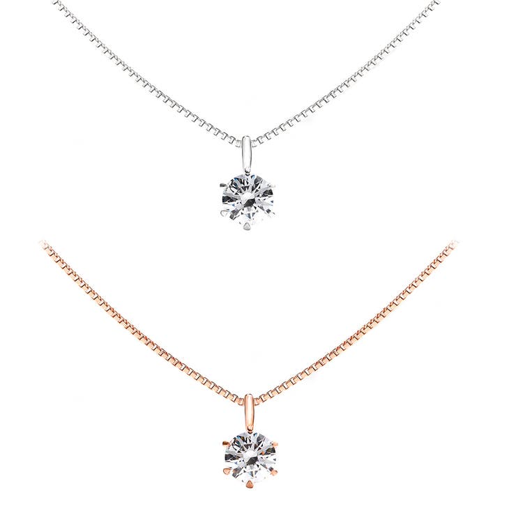 アクセサリーショップPIENA レディースネックレス 6本爪ペンダント 6mmスーパーキュービックジルコニア あずきチェーン プラチナ仕上げk18ピンクゴールドコーティングケース付き ベネチアンチェーン アクセサリー