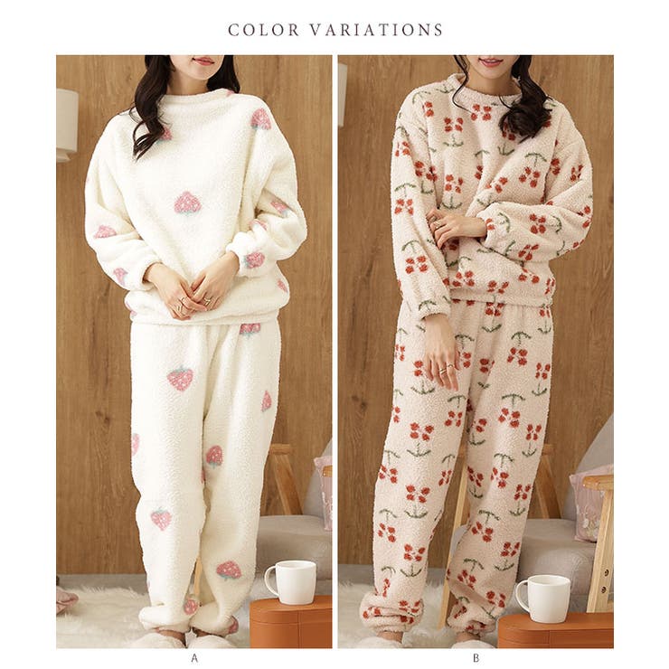 【10％OFFクーポン！4/17(金)9:59まで】レースレディース クルーネック 配色 モチーフ柄 ふわもこ ルームウェア 上下セット 長袖 丸首 女性 レディース 秋 冬 パジャマ 部屋着 ハート チェリー 肉厚 厚地 あたたかい ぽかぽか 防寒 可