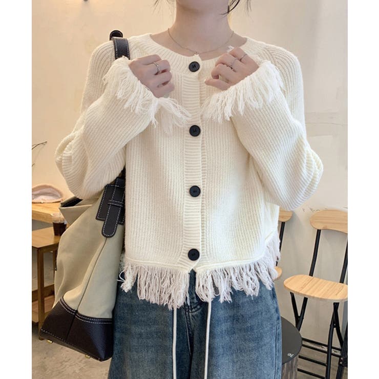 【10％OFFクーポン！6/11(木)1:59まで】Miniministore フリンジニットカーディガン クルーネック トップス