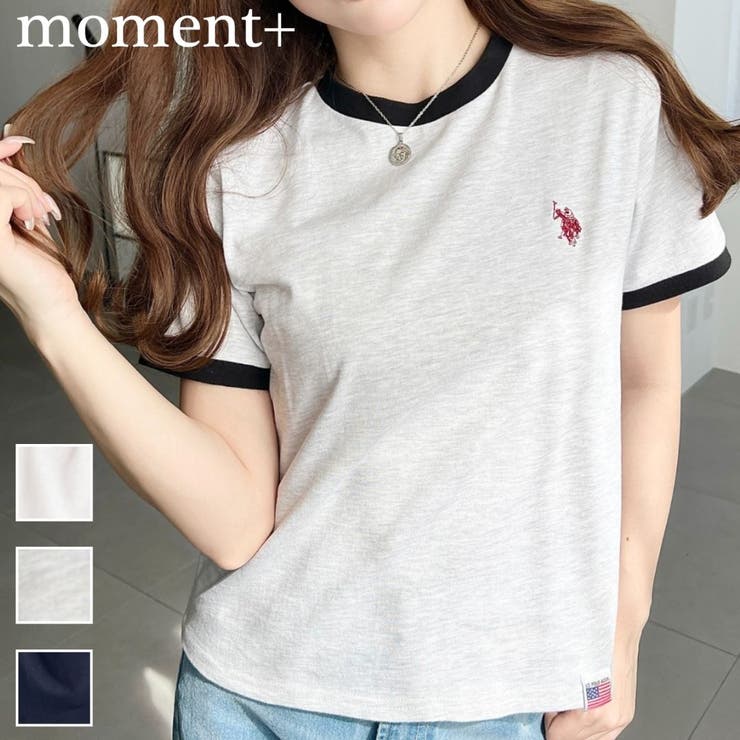 moment+ U.S.POLO ASSN.ワンポイント刺繍リンガー半袖Tシャツ トップス