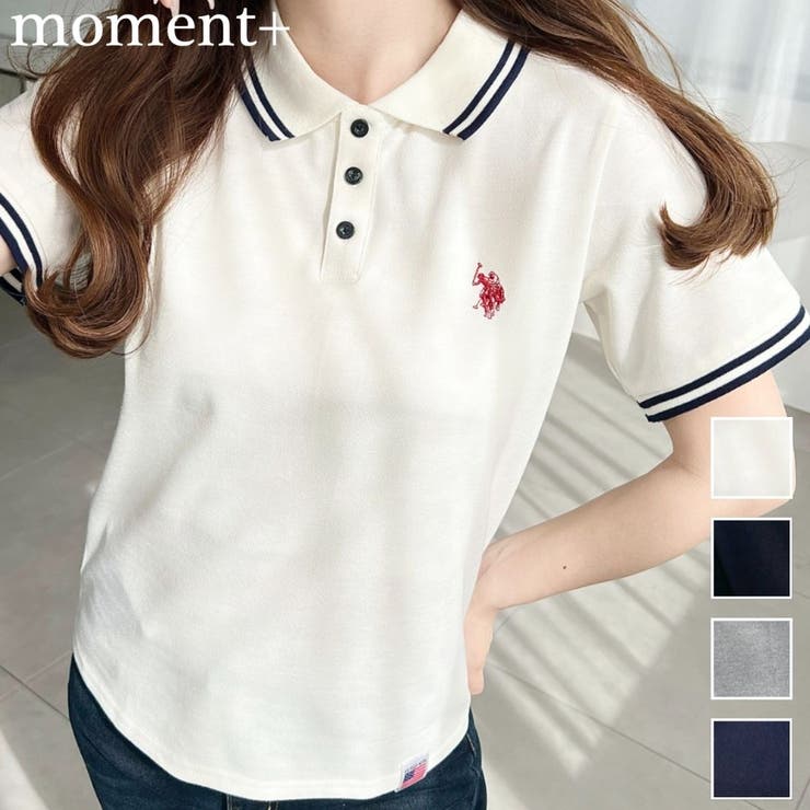 moment+ U.S.POLO ASSN.ワンポイント刺繍配色ラインリブ半袖ポロシャツ トップス