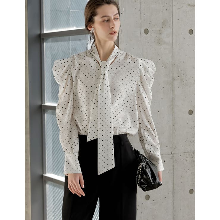 【10％OFFクーポン！9/11(金)1:59まで】Re:EDIT [2026S/S COLLECTION][MEISM by Re:EDIT]無地orドットパワショルVネックボウタイブラウス トップス shoplistselect-10492683 SHOPLIST サンプル画像2
