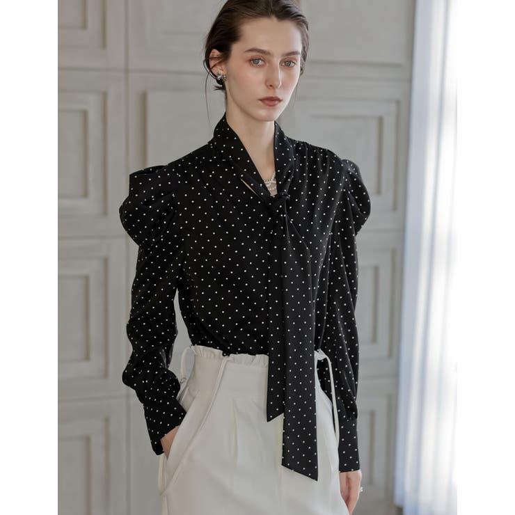 【10％OFFクーポン！9/11(金)1:59まで】Re:EDIT [2026S/S COLLECTION][MEISM by Re:EDIT]無地orドットパワショルVネックボウタイブラウス トップス shoplistselect-10492683 SHOPLIST サンプル画像3