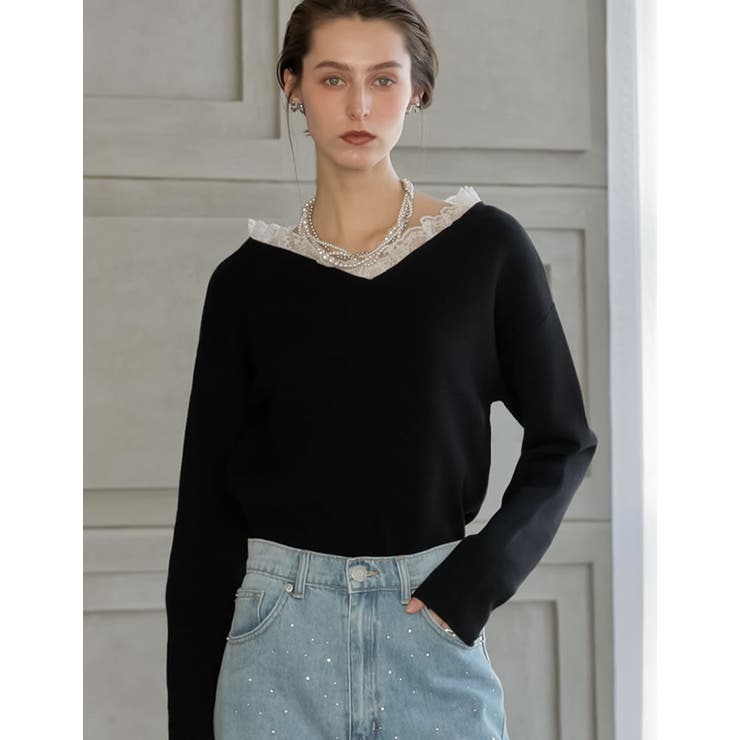 【10％OFFクーポン！9/11(金)1:59まで】Re:EDIT [2026S/S COLLECTION][MEISM by Re:EDIT]Vボートネックフリルレースニット トップス shoplistselect-10492686 SHOPLIST サンプル画像2