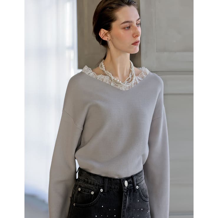 【10％OFFクーポン！9/11(金)1:59まで】Re:EDIT [2026S/S COLLECTION][MEISM by Re:EDIT]Vボートネックフリルレースニット トップス shoplistselect-10492686 SHOPLIST サンプル画像3