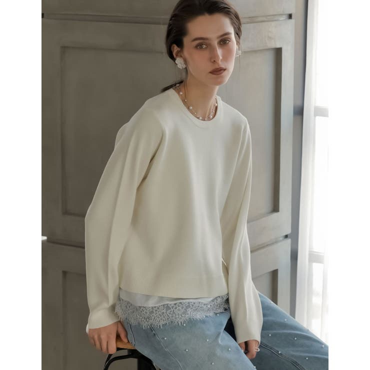 【10％OFFクーポン！9/11(金)1:59まで】Re:EDIT [2026S/S COLLECTION][MEISM by Re:EDIT]スウェットライクレースヘムニット トップス shoplistselect-10492687 SHOPLIST サンプル画像3