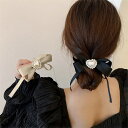 アクセサリーショップPIENA シュシュ レディース 春夏秋冬 ハート リボン 髪留め ヘアゴム ヘアアクセ ラインストーン ポリエステル 光沢感あり 上品 清楚 大人女性 黒 ヘアアクセサリー