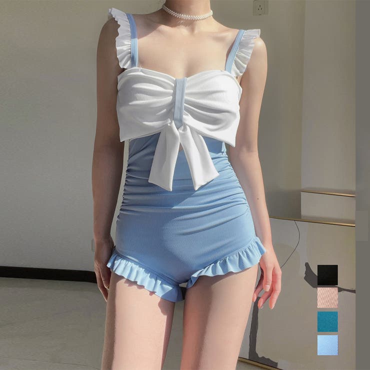 アクセサリーショップPIENA ワンピース水着 レディース 春夏 袖なし ビッグリボン シャーリング フリル モノキニタイプ パッド付き ポリエステル 配色切替 上品 黒 水着