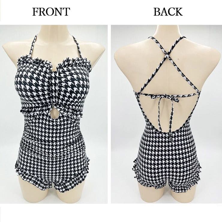 アクセサリーショップPIENA ワンピース水着 レディース 春夏 袖なし 細ストラップ バッククロス 胸元リボン風 フリル モノキニ ポリエステル 盛れる 上品 大人可愛い 黒 水着