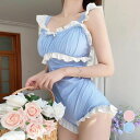 アクセサリーショップPIENA モノキニ水着 レディース 春夏 袖なし 胸元や裾フリル フリルショルダー ワンピース水着 バック開き バックリボン ポリエステル 細見え 青 水着
