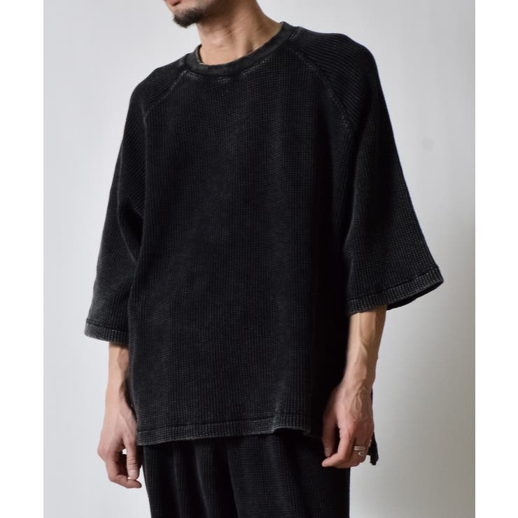 MODISH GAZE スノーウォッシュ5分袖ラグランオーバーサイズワッフルTシャツ トップス