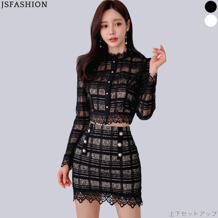 【10％OFFクーポン！3/26(木)1:59まで】JS FASHION 上下セット トップス& スカート 全2色 ドレス風 長袖 黒 白 シースルー パールボタン タイトスカート パーティー ミニ丈 ショート丈 ミニスカート きれいめ スリム 細見え