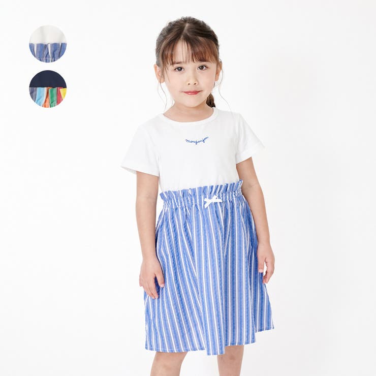 【10％OFFクーポン！3/26(木)1:59まで】こどもの森e-shop ストライプ切替半袖ワンピース ワンピース・ドレス