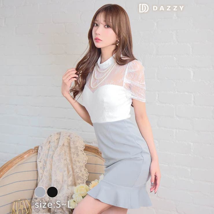 Dazzy パールネックレスドッキングレース半袖マーメイドミニドレスキャバ ドレス 大きいサイズ ワンピース・ドレス
