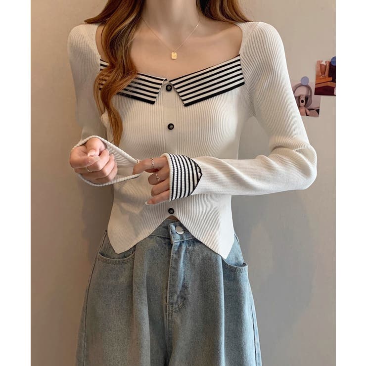 Square Neck - 【10％OFFクーポン！5/16(土)1:59まで】Miniministore ニットトップス スクエアネック 韓国風 トップス