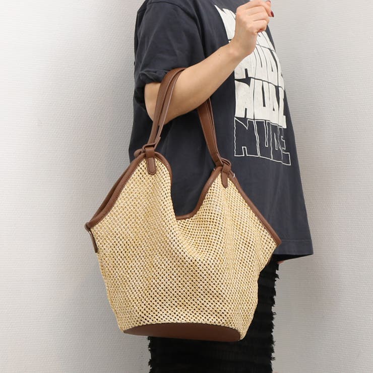 UNBILLION cachecache / フェイクレザーショルダーバッグ付雑材風トート バッグ・鞄