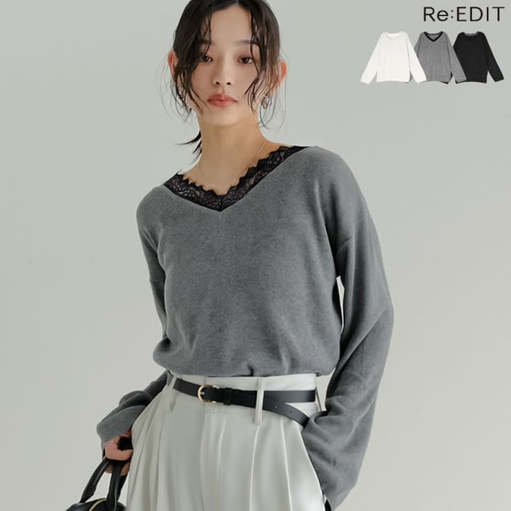 【エントリーでP10倍！9日(金)1:59まで】Re:EDIT オーバーサイズレースVネックニットチュニック トップス shoplistselect-10494479 SHOPLIST パッケージ画像