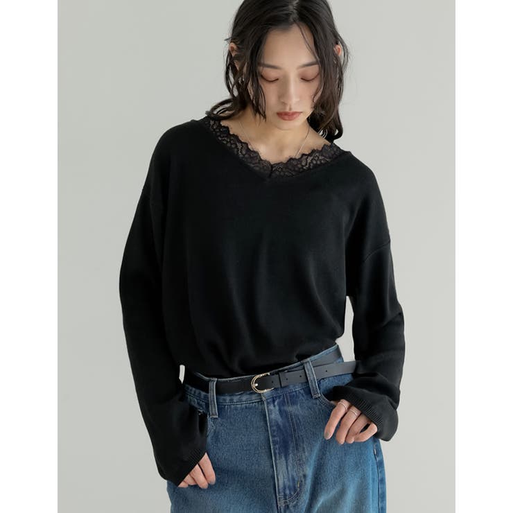 【エントリーでP10倍！9日(金)1:59まで】Re:EDIT オーバーサイズレースVネックニットチュニック トップス shoplistselect-10494479 SHOPLIST サンプル画像3