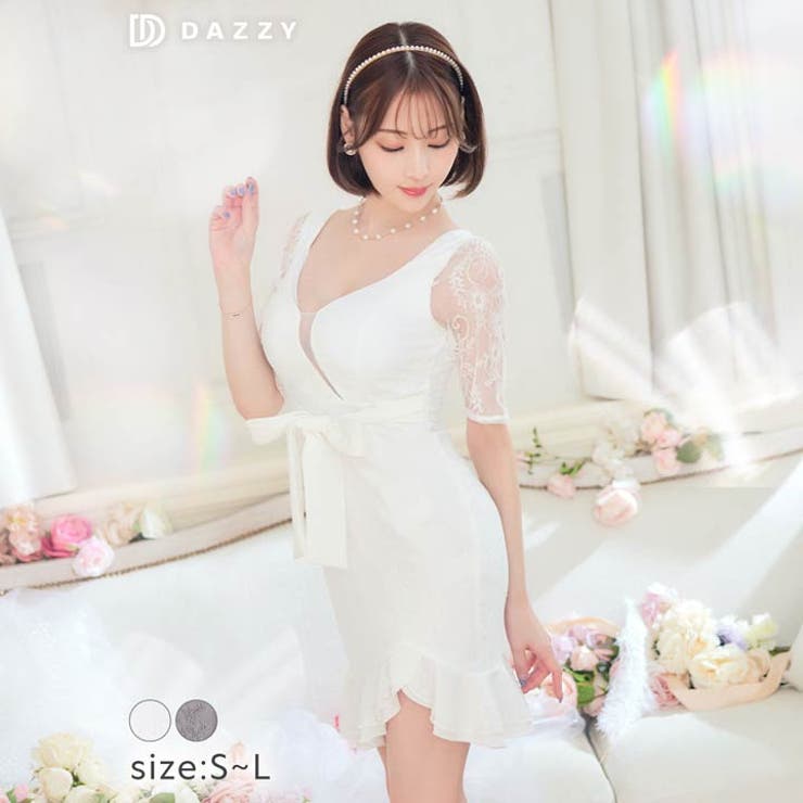 【10％OFFクーポン！2/10(火)1:59まで】Dazzy デイジーストア キャバ ドレス ボタニカル レース ウエスト リボン スリット 半袖 マーメイド ミニドレス ドレス キャバ キャバドレス 大きいサイズ ドレス ミニドレス セクシー ナイト