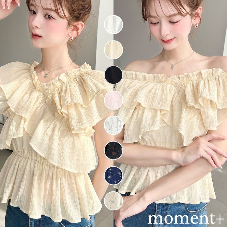 【10％OFFクーポン！3/26(木)1:59まで】moment+ シアースモッキングクロスフリルフレンチスリーブトップス トップス